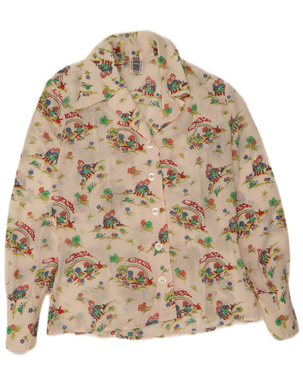 Vintage Kvinders grafisk skjorte UK 14 Medium White Floral Bomuld