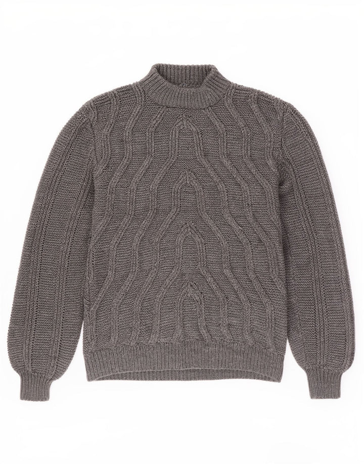 Vintage Mens Turtle Neck Jumper Sweater Medium Grey Geometric