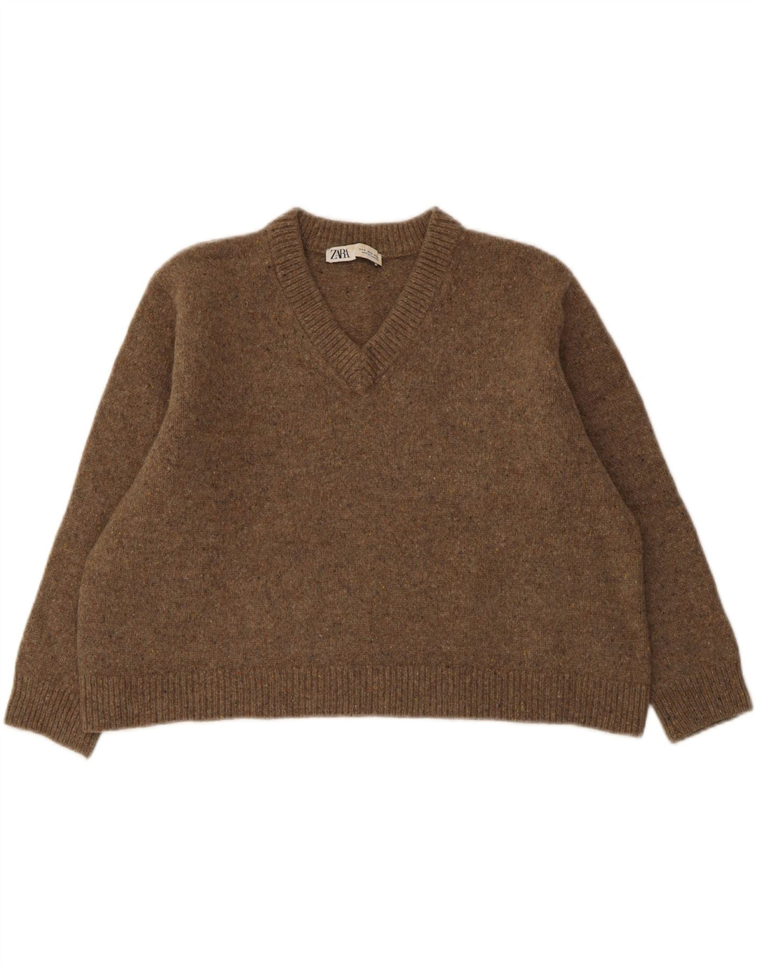 ZARA Womens Oversized V-Neck Jumper Sweater UK 14 Medium Brown Flecked