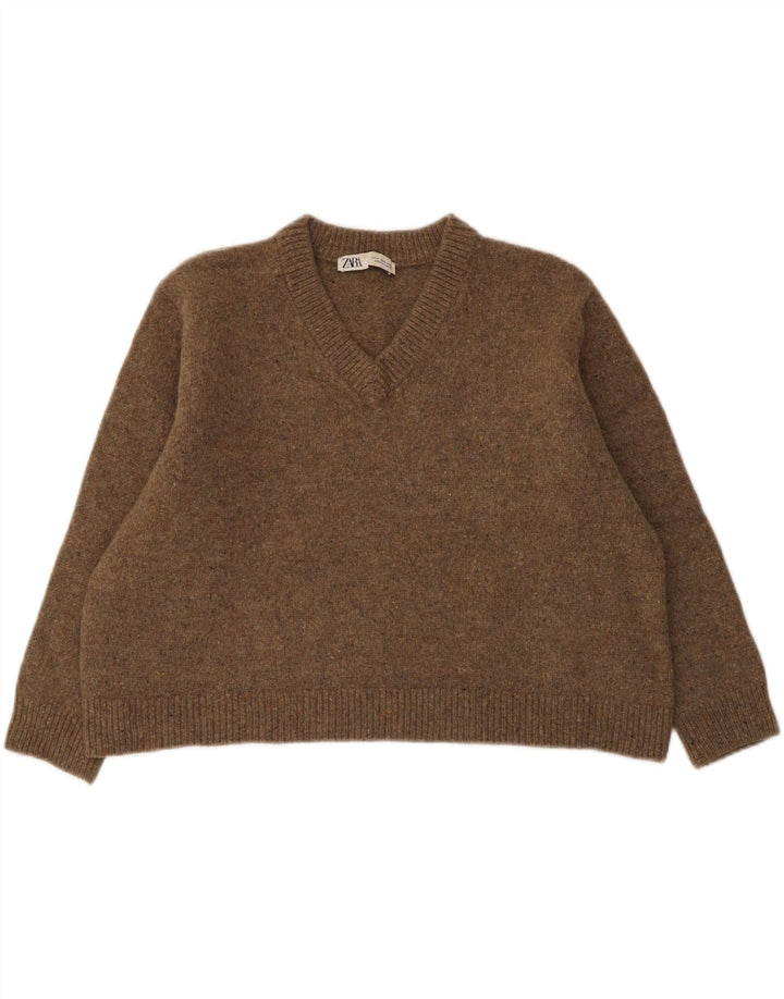 ZARA Womens Oversized V-Neck Jumper Sweater UK 14 Medium Brown Flecked
