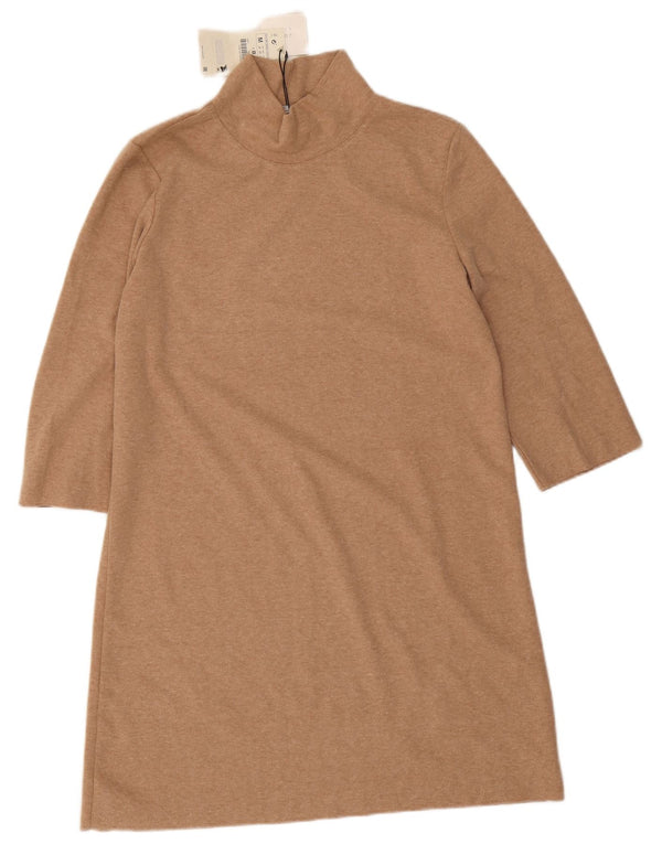 Zara Damen-Kleid in A-Linie mit 3/4-Ärmeln, UK 12, mittelbeigefarbenes Polyester