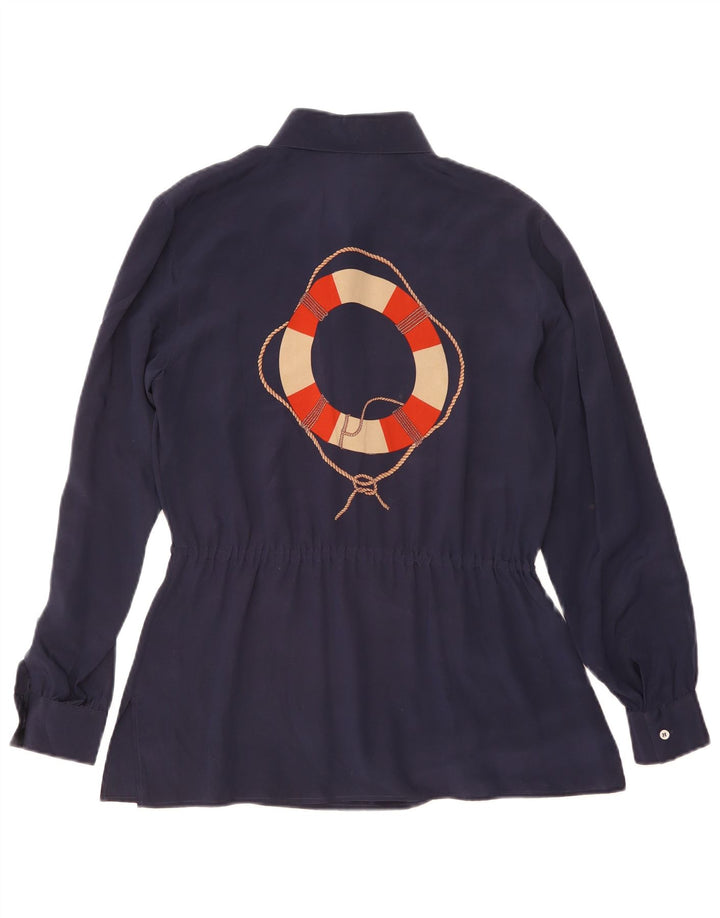 Vintage Womens Graphic Pullover Shirt UK 14 Medium Navy Blue