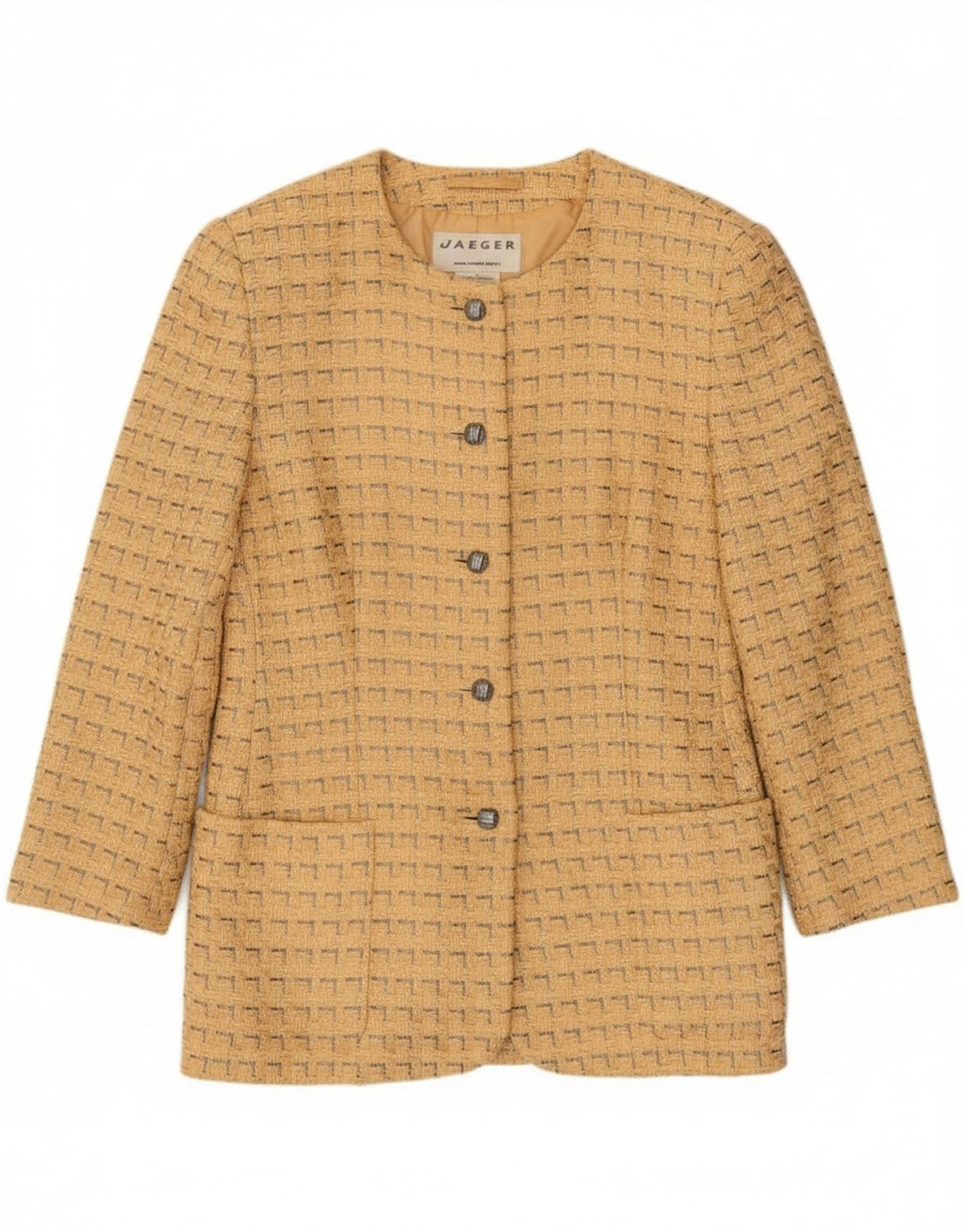 Jaeger Damen-Blazerjacke mit 5 Knöpfen, UK 12, mittelgelbe geometrische Baumwolle