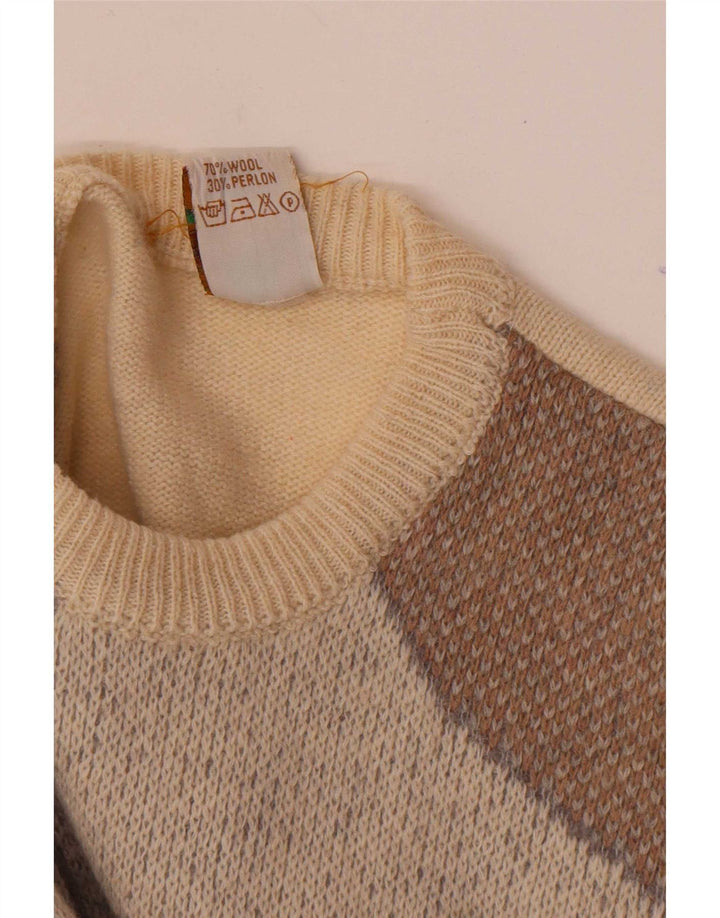 Vintage Mens Crew Neck Jumper Sweater Medium Off White Geometric Wool