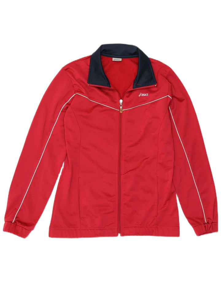 Asics Womens Tracksuit Top Jacket UK 14 Medium Red Colourblock Polyester