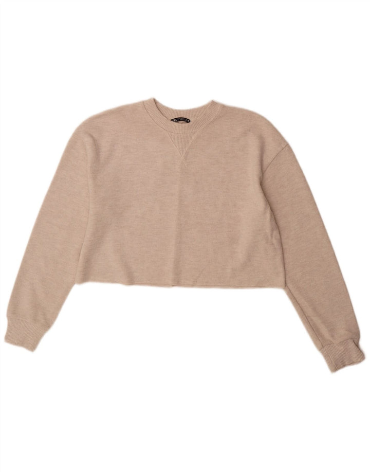 Zara Womens Crop Top Long Sleeve UK 14 Medium Beige Polyester