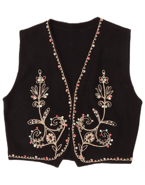 Vintage Womens Knit Waistcoat UK 14 Large Black Floral Wool