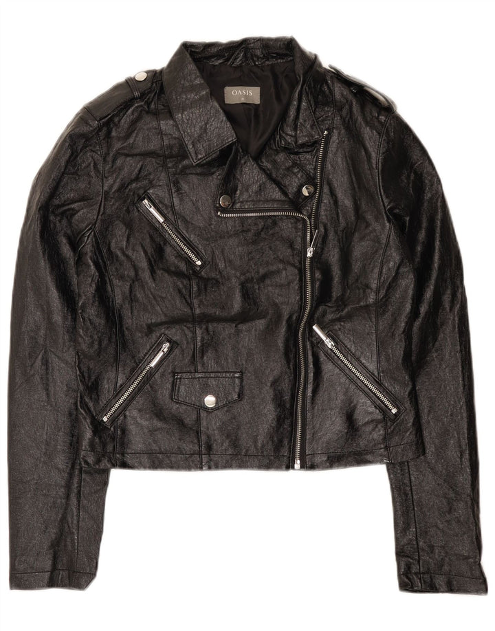 Oasis Womens Crop Faux Leather Biker Jacket UK 12 Medium Black Polyurethane