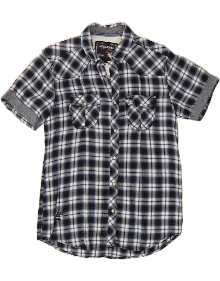 JACK & JONES Mens Short Sleeve Shirt Medium Navy Blue Check Vintage Jack & Jones and Second-Hand Jack & Jones from Messina Hembry 