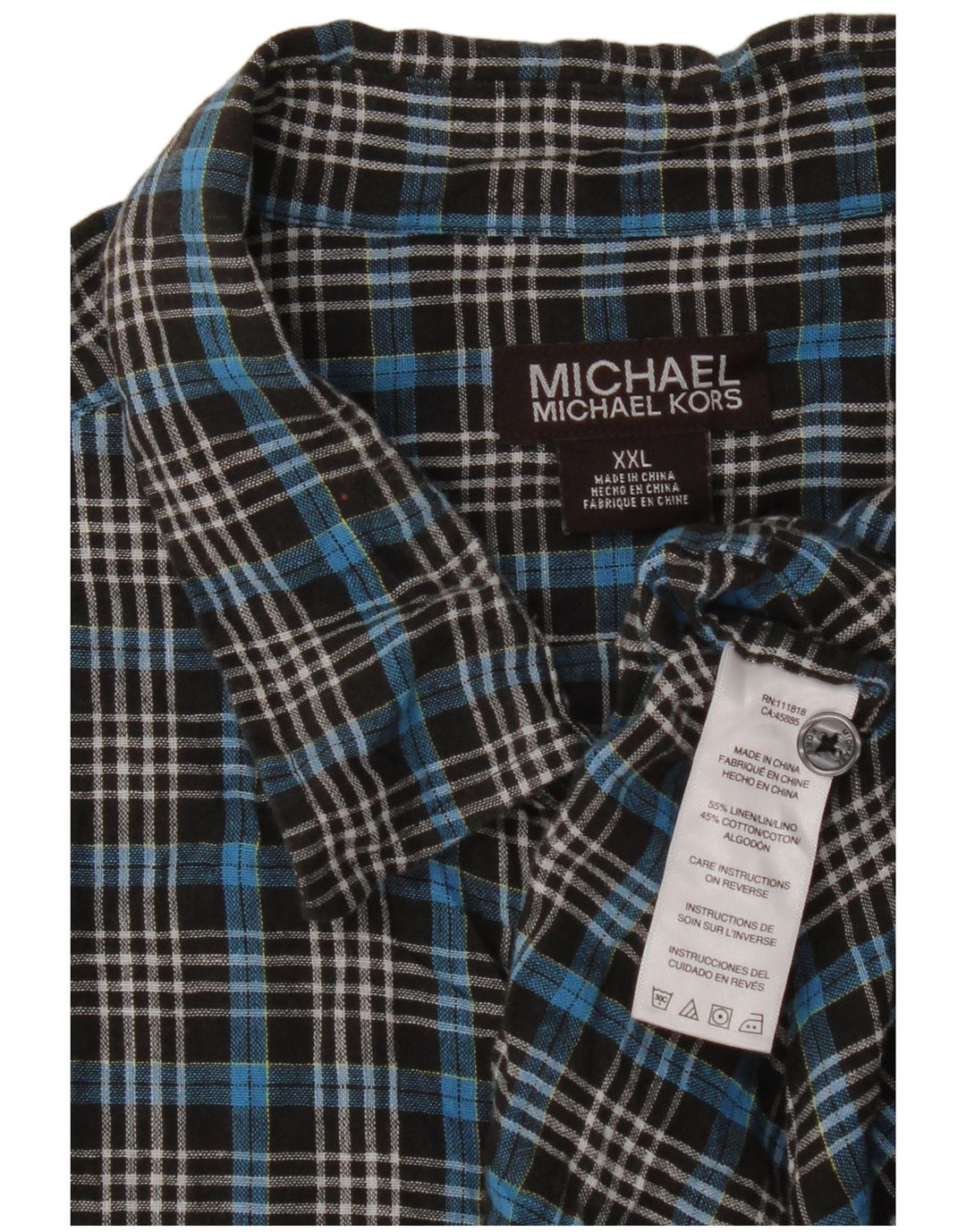 Michael Kors Mens Short Sleeve Shirt 2XL Blue Check Linen