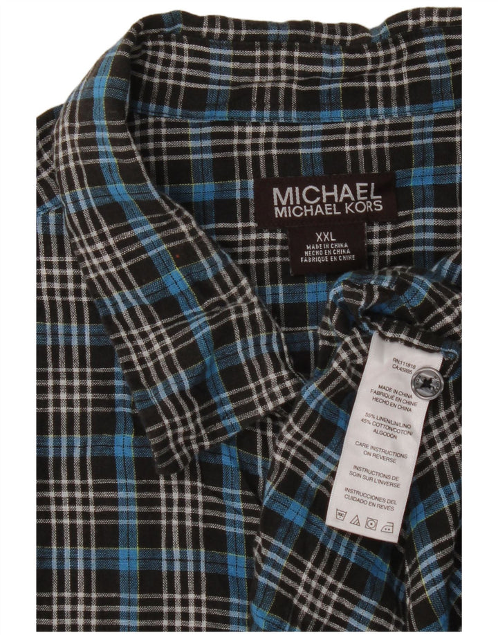 Michael Kors Mens Short Sleeve Shirt 2XL Blue Check Linen