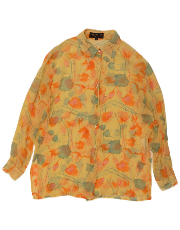 Vintage Womens Shirt Blouse UK 16 Large Yellow Floral Silk