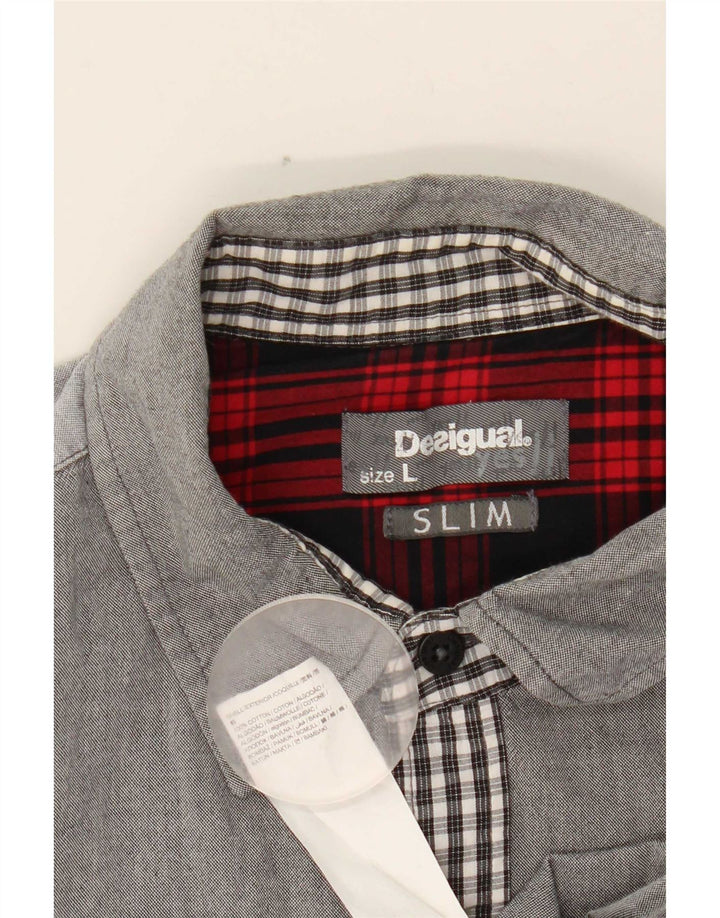 Desigual Mens Slim Shirt Large Grey Check Cotton