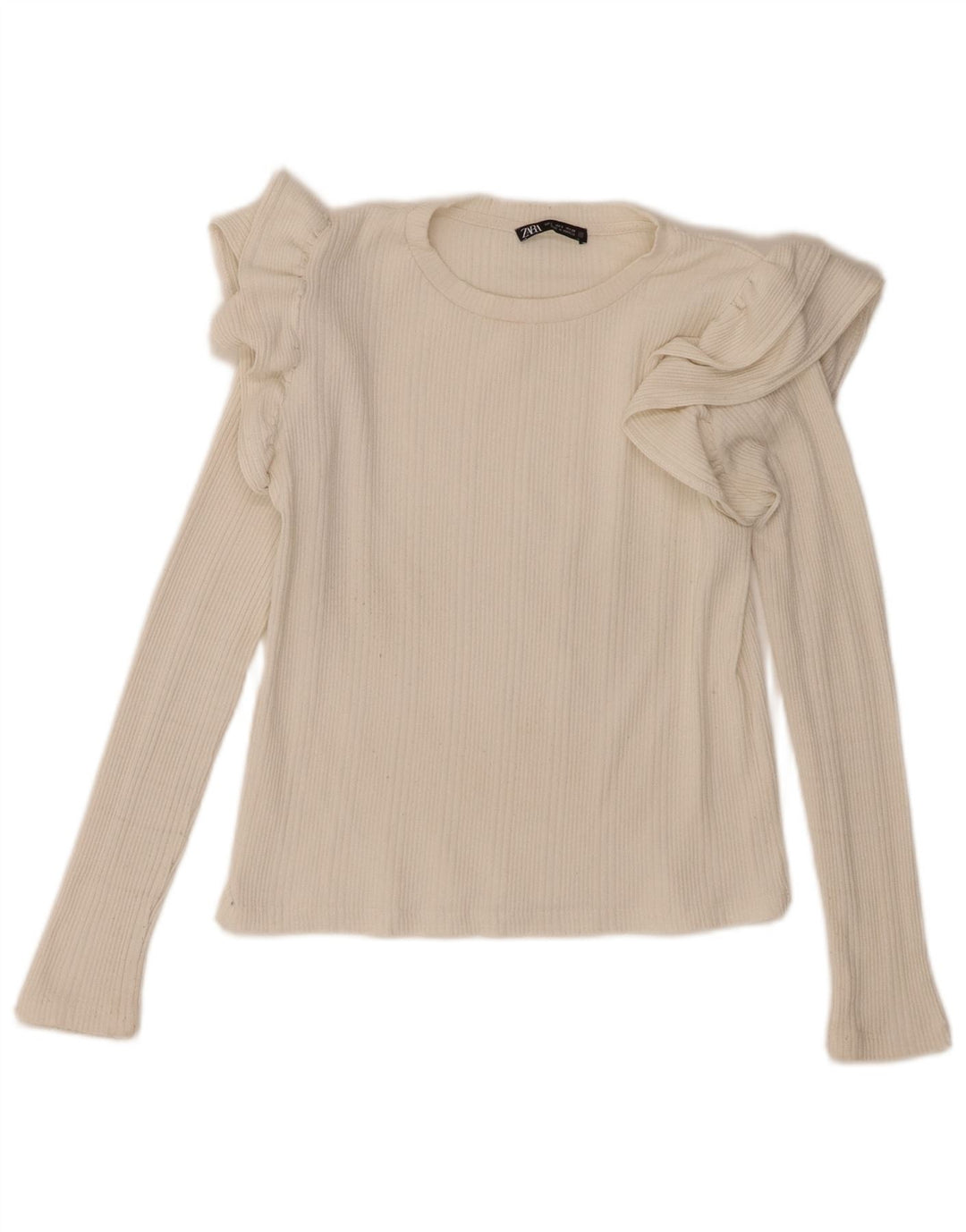 Top Zara da donna a maniche lunghe con volant sul davanti UK 10 piccolo bianco sporco