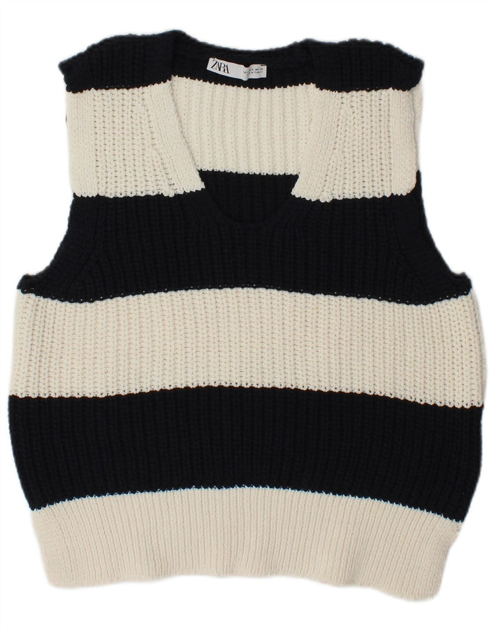 Zara Dame Vest Tank Top UK 10 Lille Sort Stribet Polyester