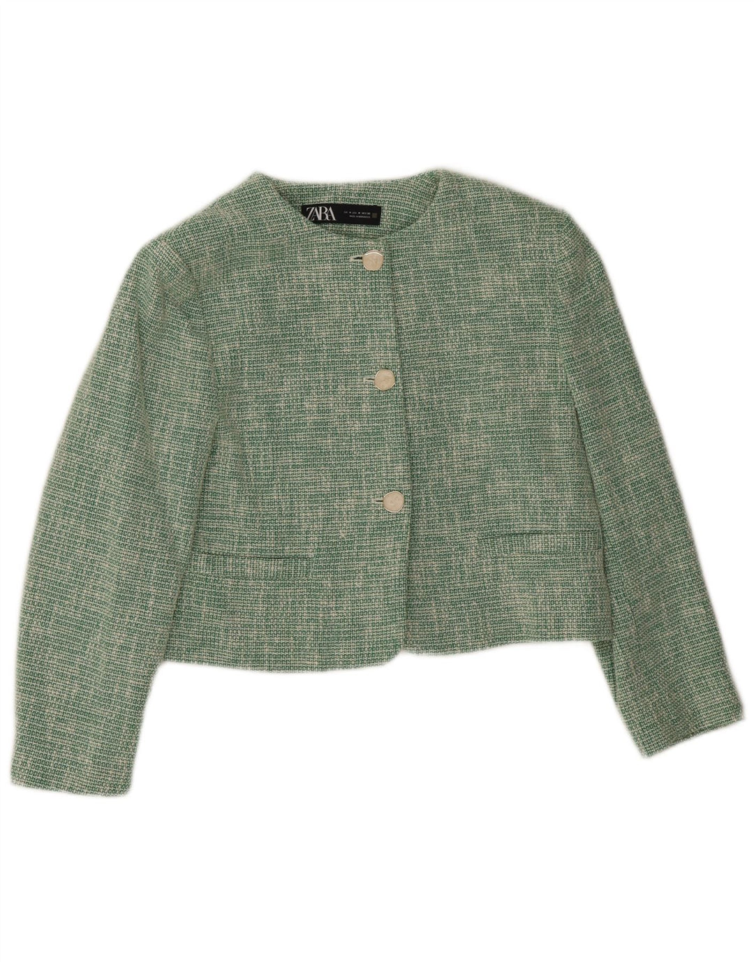 Zara Womens 3 Button Crop Blazer Jacket UK 14 Medium Green Acetate