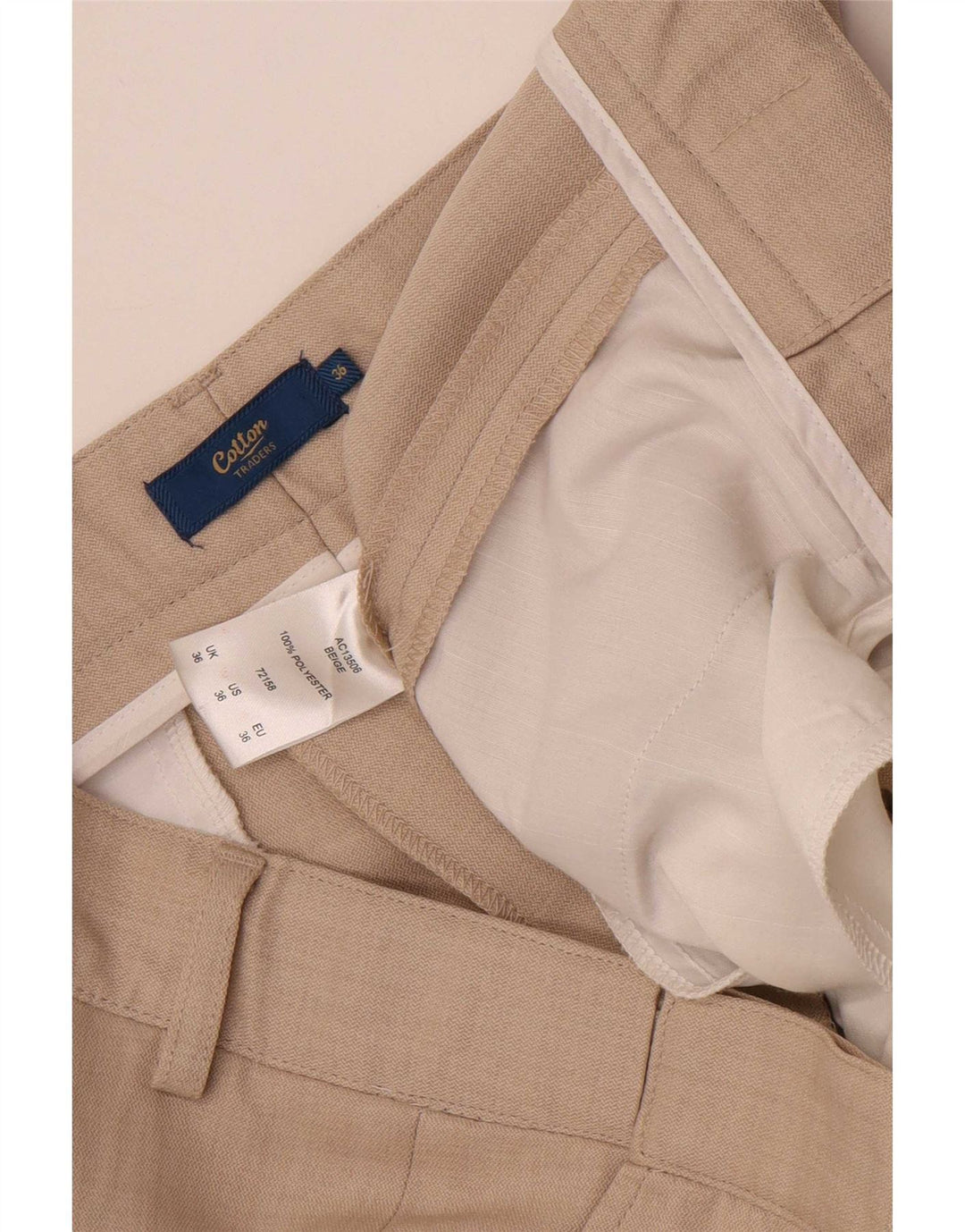Cotton Traders Mens Straight Suit Trousers W36 L28 Beige Polyester