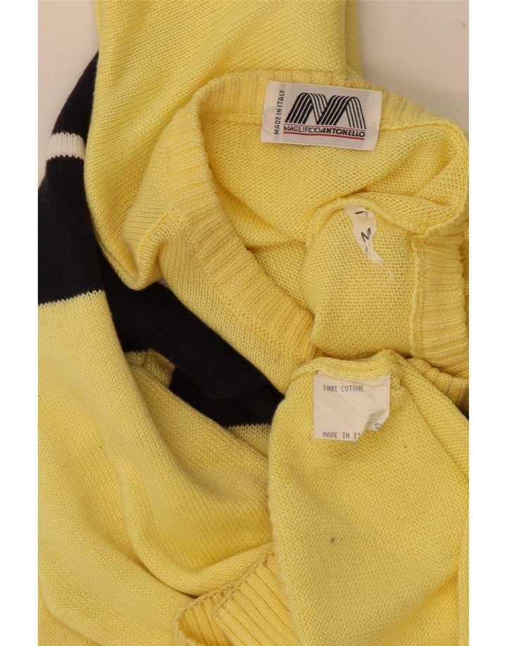 Vintage Mens Button Neck Jumper Sweater Medium Yellow Colourblock Cotton