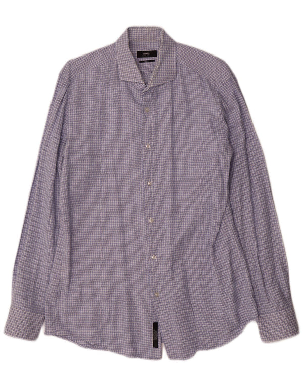 Hugo Boss Mens Slim Fit Shirt UK 41 16 Large Blue Geometric Cotton
