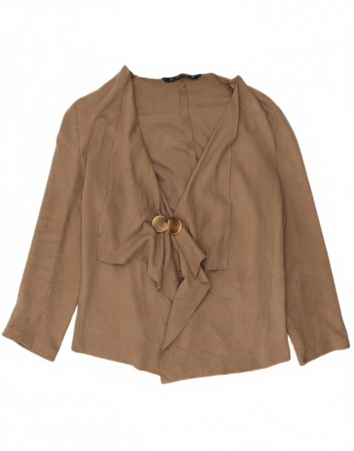 Zara Womens 3/4 Sleeve Cardigan Top UK 14 Medium Beige Polyester