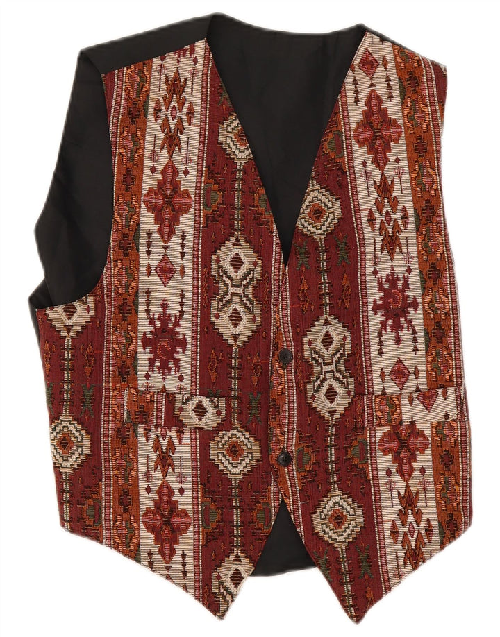Vintage Mens Waistcoat Medium Burgundy Geometric