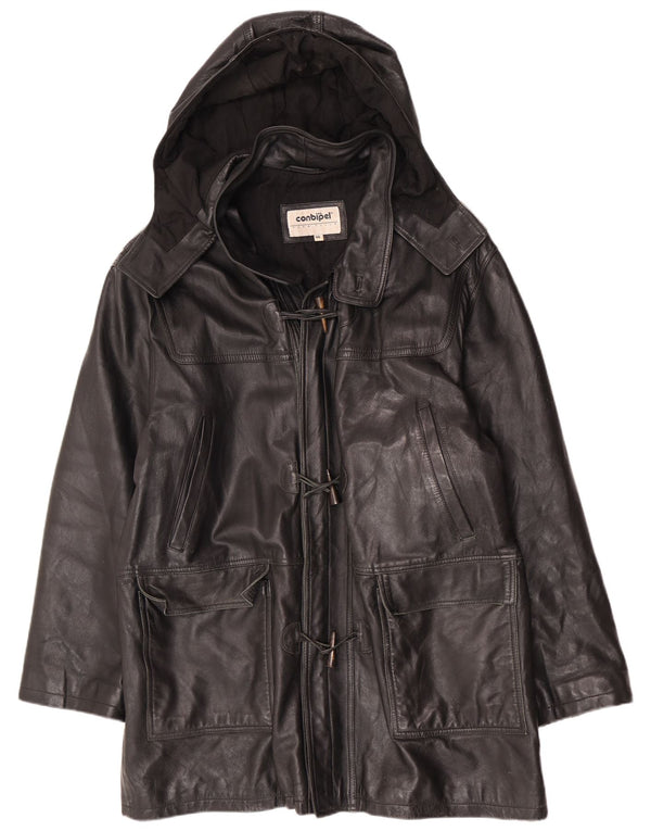 Conbipel Mens Hooded Duffle Leather Jacket IT 56 2XL Black