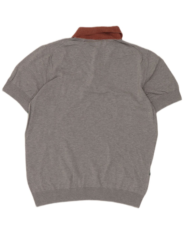 Hugo Boss Mens Short Sleeve Polo Neck Jumper Sweater Medium Grey Chevron