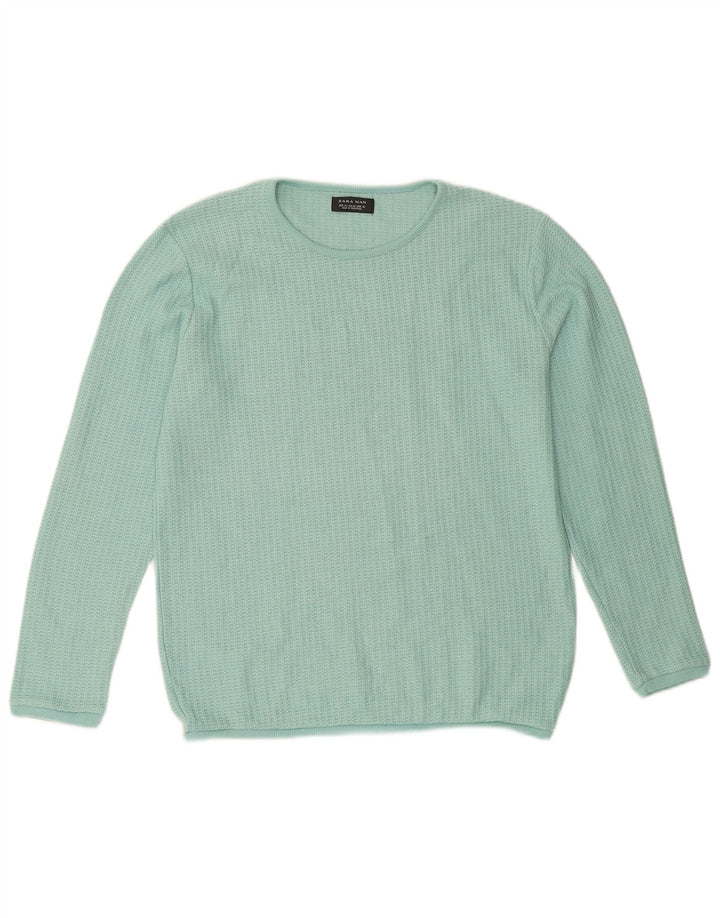 ZARA Mens Crew Neck Jumper Sweater Medium Green Cotton