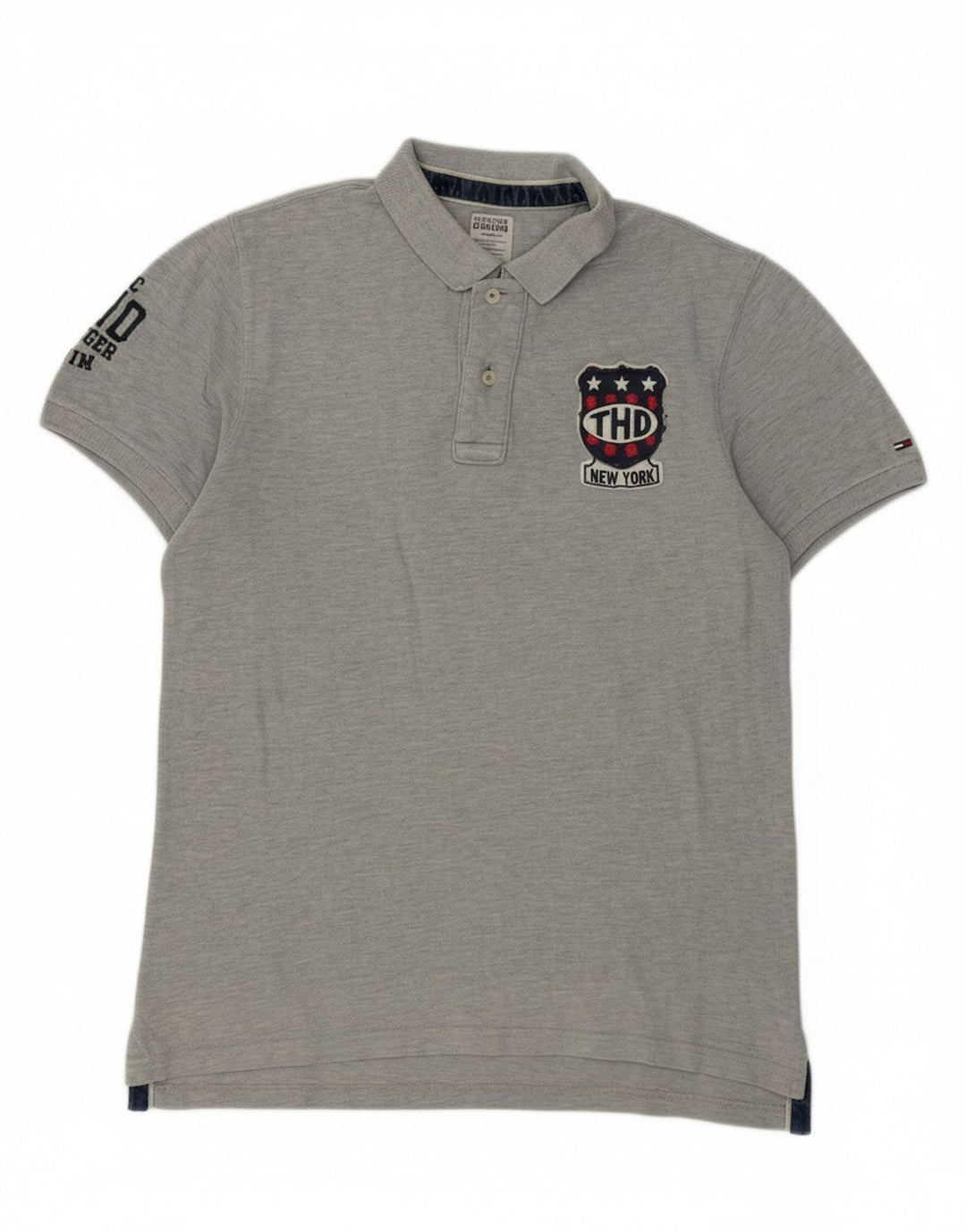 TOMMY HILFIGER Mens Graphic Polo Shirt Medium Grey Cotton Vintage Tommy Hilfiger and Second-Hand Tommy Hilfiger from Messina Hembry 