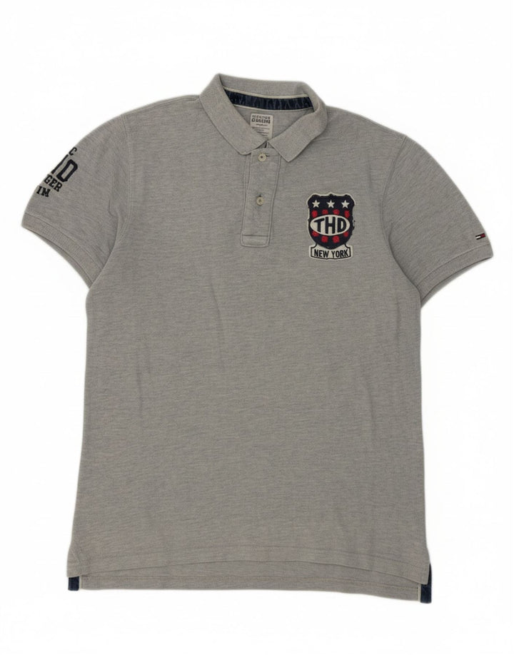 TOMMY HILFIGER Mens Graphic Polo Shirt Medium Grey Cotton Vintage Tommy Hilfiger and Second-Hand Tommy Hilfiger from Messina Hembry 