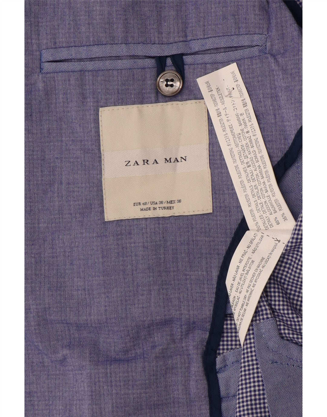 Jaqueta blazer masculina Zara com 2 botões EU 48 poliéster azul médio