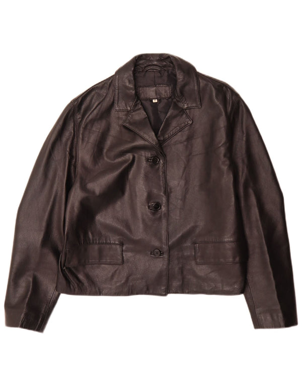 vintage Femmes Surdimensionné 3 Bouton Veste Blazer En Cuir UK 10 Petit Noir