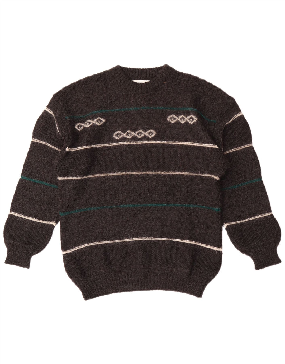 Vintage Mens Crew Neck Jumper Sweater Medium Grey Striped Wool