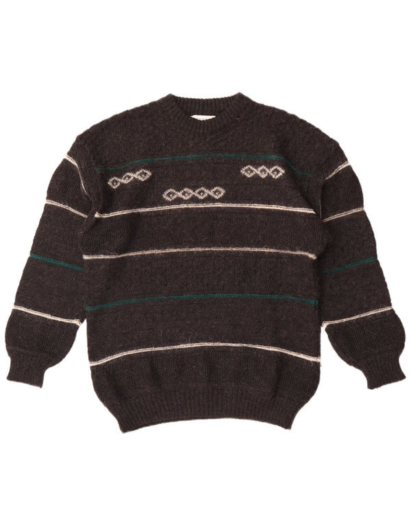 Vintage Mens Crew Neck Jumper Sweater Medium Grey Striped Wool