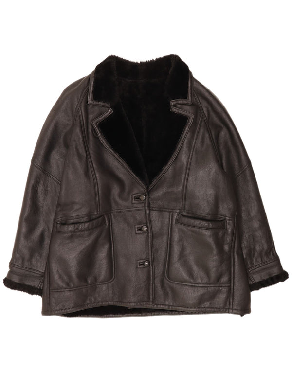 Vintage mujer suelta ajuste shearling chaqueta EU 48 2XL negro clásico