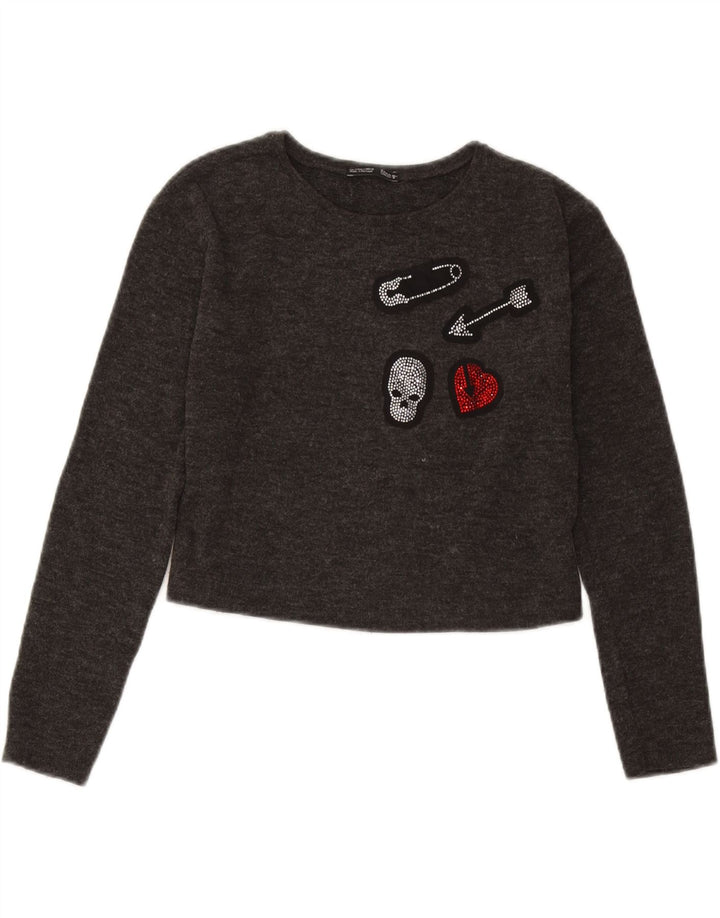 Zara Womens Crop Graphic Top Long Sleeve UK 10 Small Grey