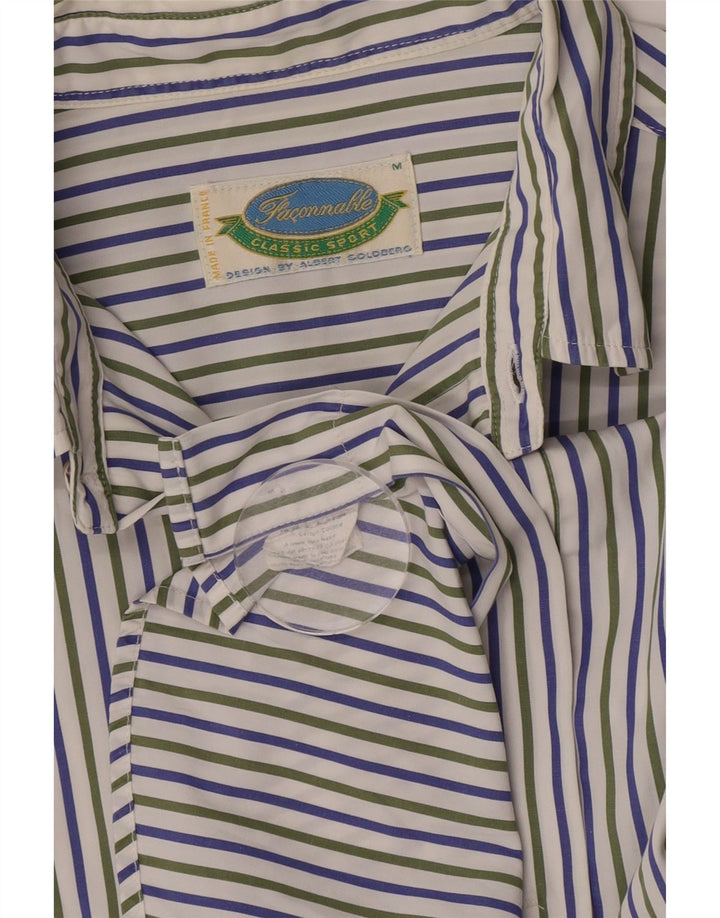 Faconnable Mens Short Sleeve Shirt Medium Off White Striped Cotton
