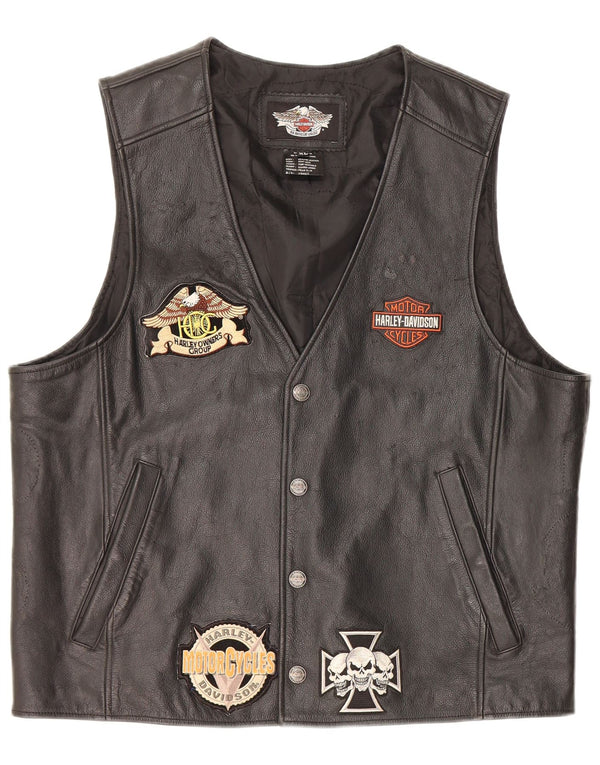 Colete masculino de couro gráfico HARLEY DAVIDSON UK 42 XL motociclista de couro preto