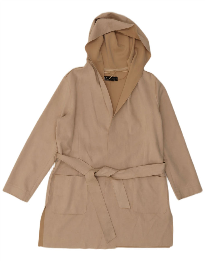 Zara Womens Hooded Overcoat UK 14 Medium Beige Polyester