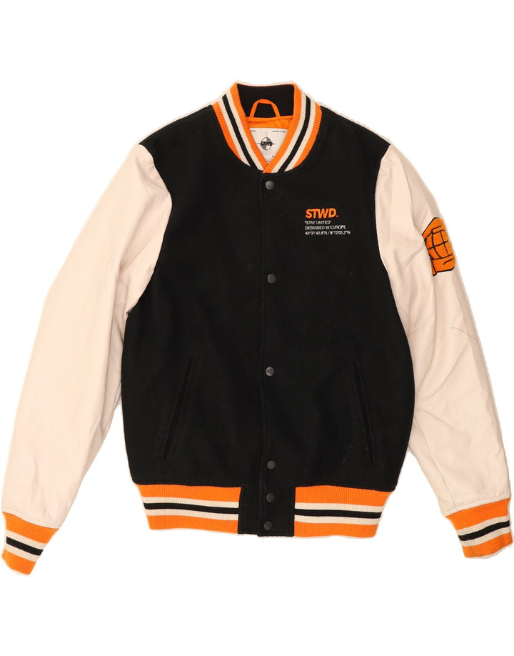 PULL & BEAR Mens Graphic Varsity Jacket UK 36 Small Black Colourblock Vintage Pull & Bear and Second-Hand Pull & Bear from Messina Hembry 