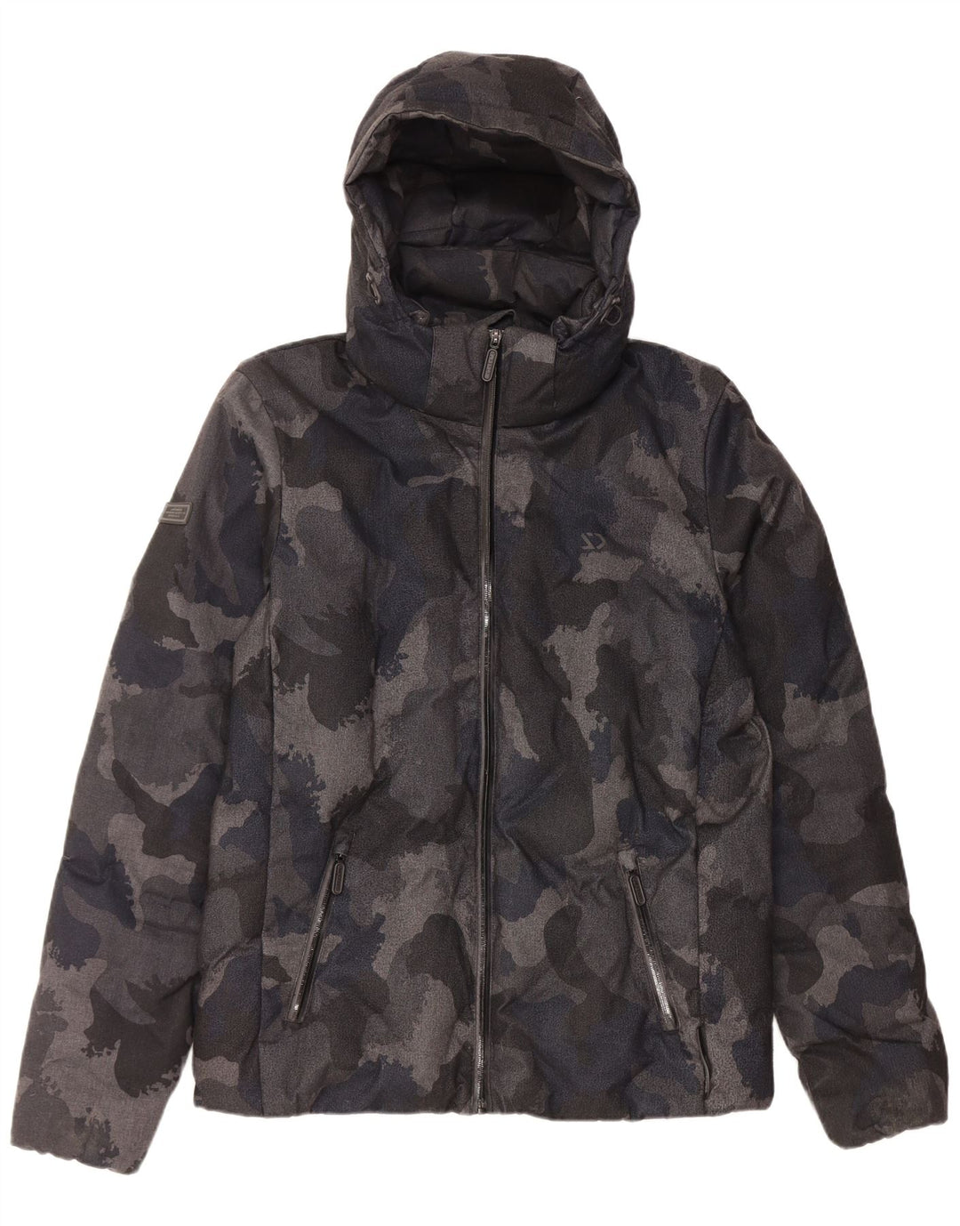 Superdry Mens Hooded Padded Jacket UK 38 Medium Black Camouflage Polyester
