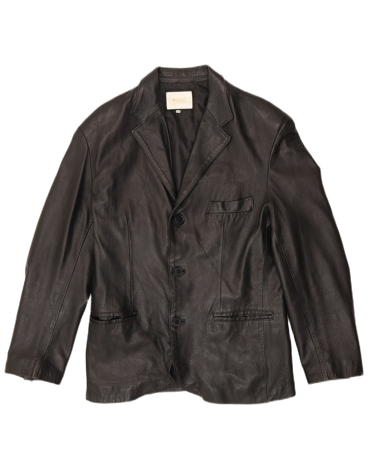 BARONE Mens 3 Button Leather Blazer Jacket IT 48 Medium Black Leather