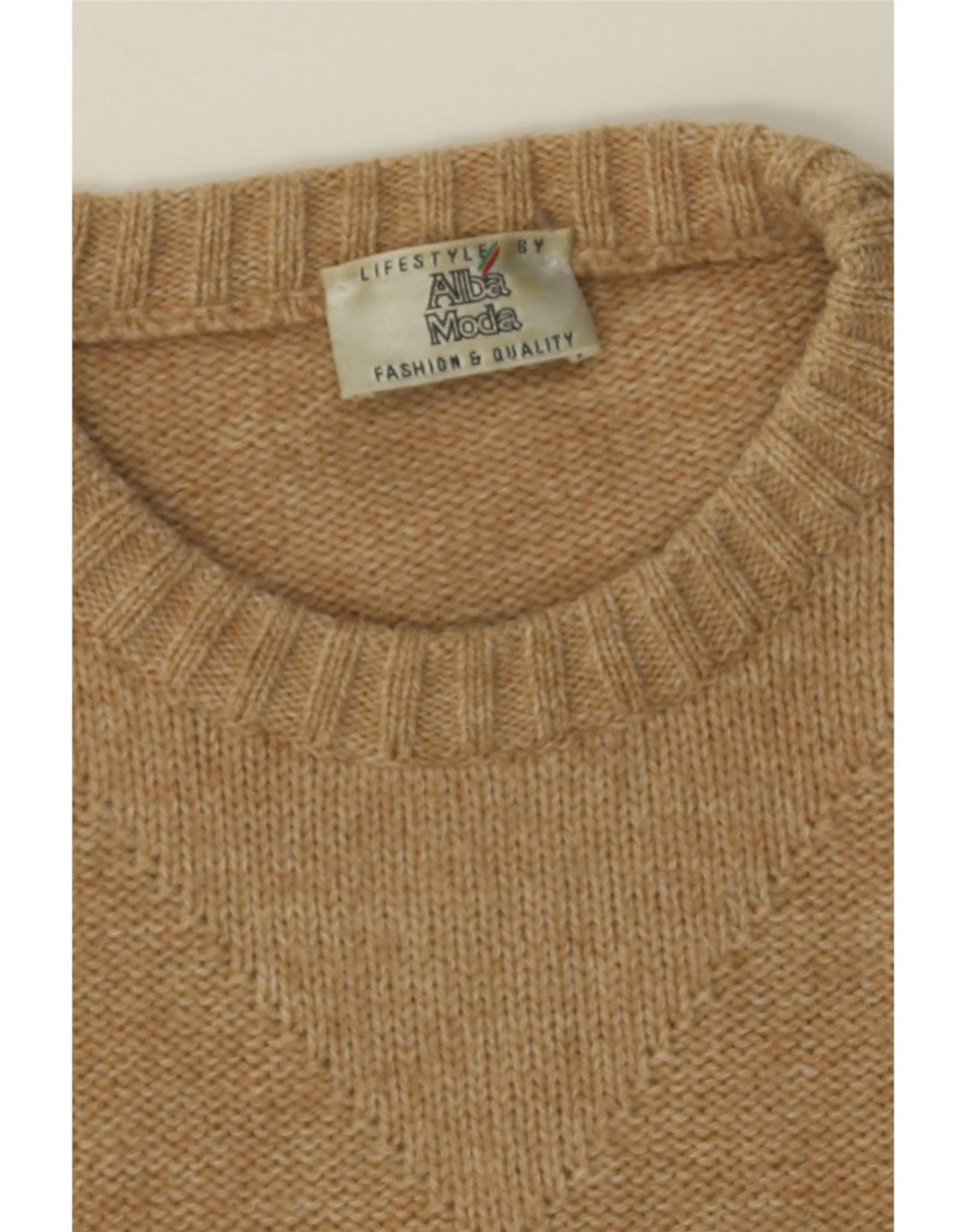ALBA MODA Mens Crew Neck Jumper Sweater XL Beige Argyle/Diamond Wool Vintage Alba Moda and Second-Hand Alba Moda from Messina Hembry 