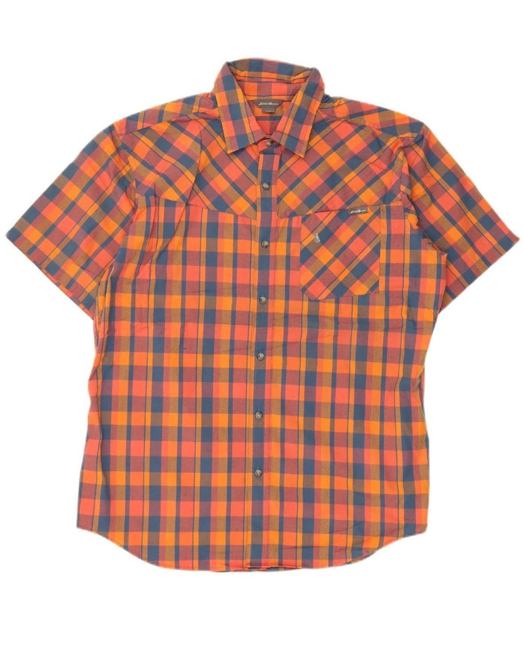 EDDIE BAUER Mens Short Sleeve Shirt Large Orange Check Polyester Vintage Eddie Bauer and Second-Hand Eddie Bauer from Messina Hembry 
