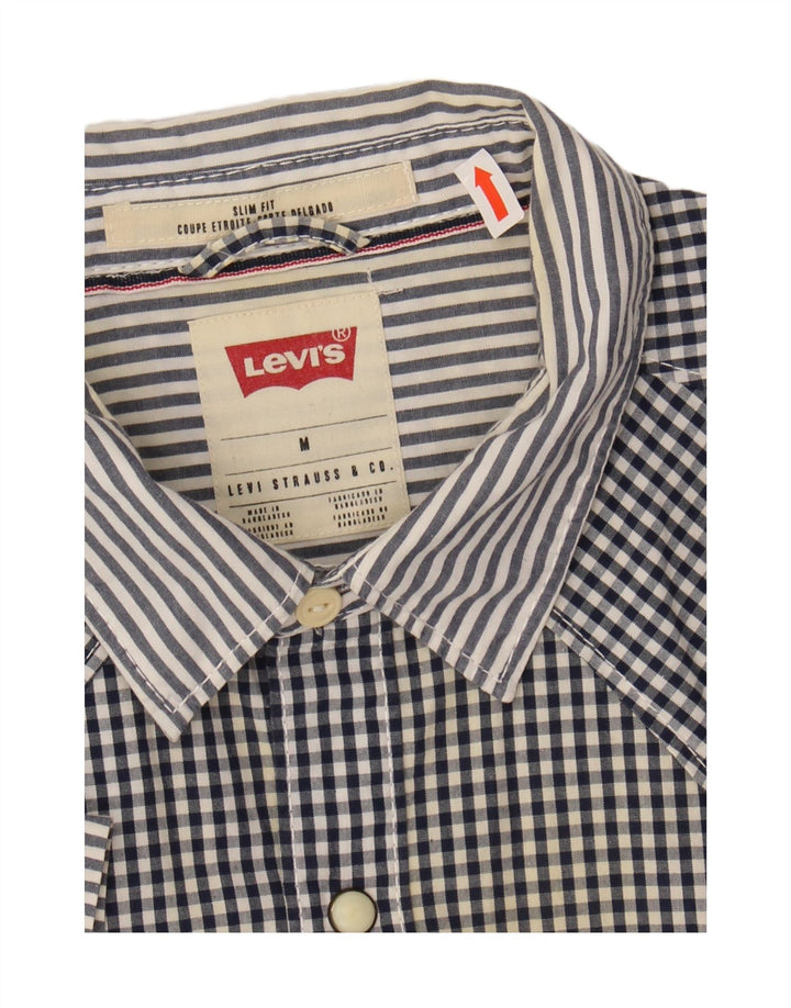 LEVI'S Mens Slim Fit Short Sleeve Shirt Medium Navy Blue Gingham Cotton Vintage Levi's and Second-Hand Levi's from Messina Hembry 