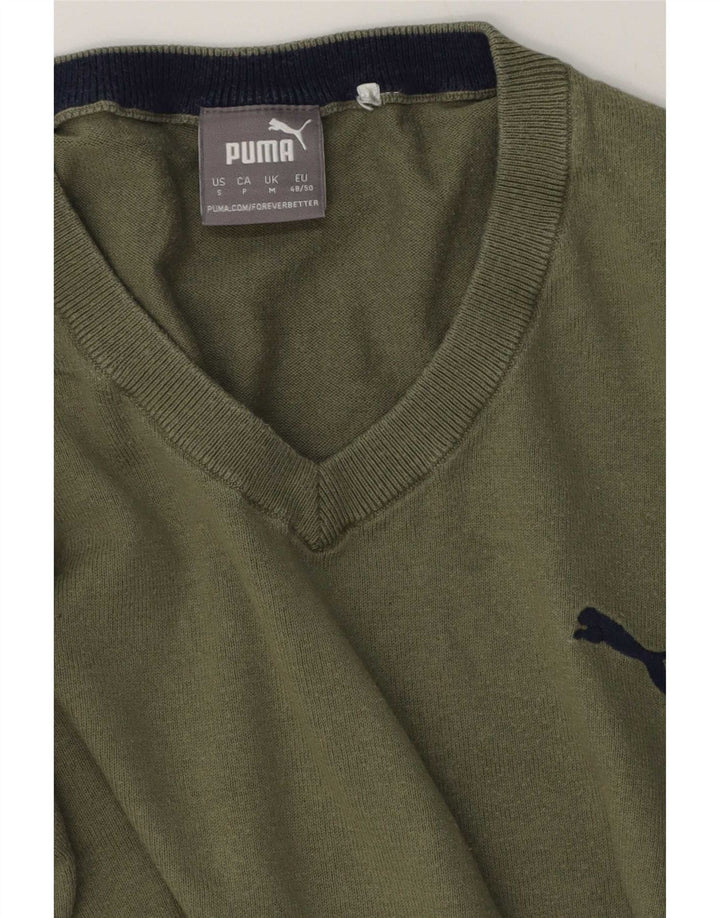 Puma Mens V-Neck Jumper Sweater Medium Green Colourblock