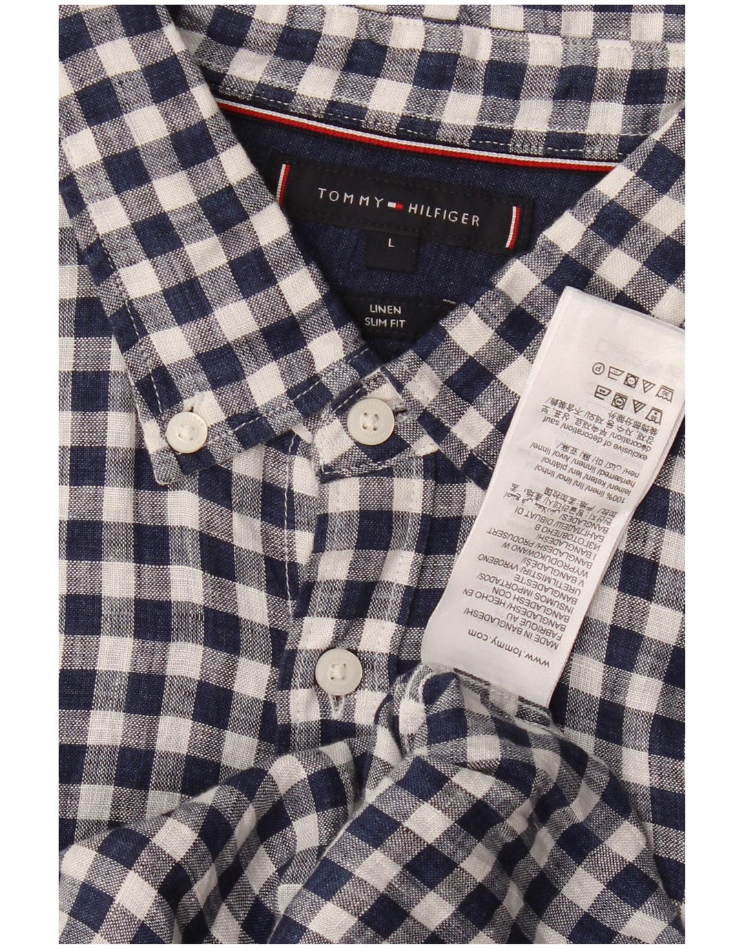 Tommy Hilfiger Mens Slim Fit Shirt Large Navy Blue Gingham Linen