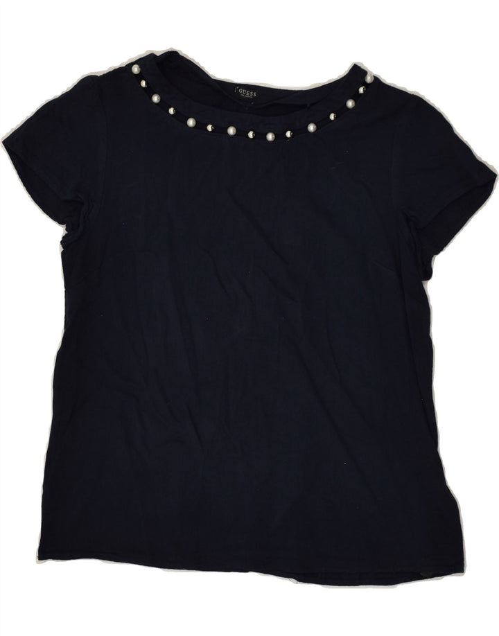 GUESS Womens T-Shirt Top UK 10 Small Navy Blue Viscose | Vintage Guess | Thrift | Second-Hand Guess | Used Clothing | Messina Hembry 