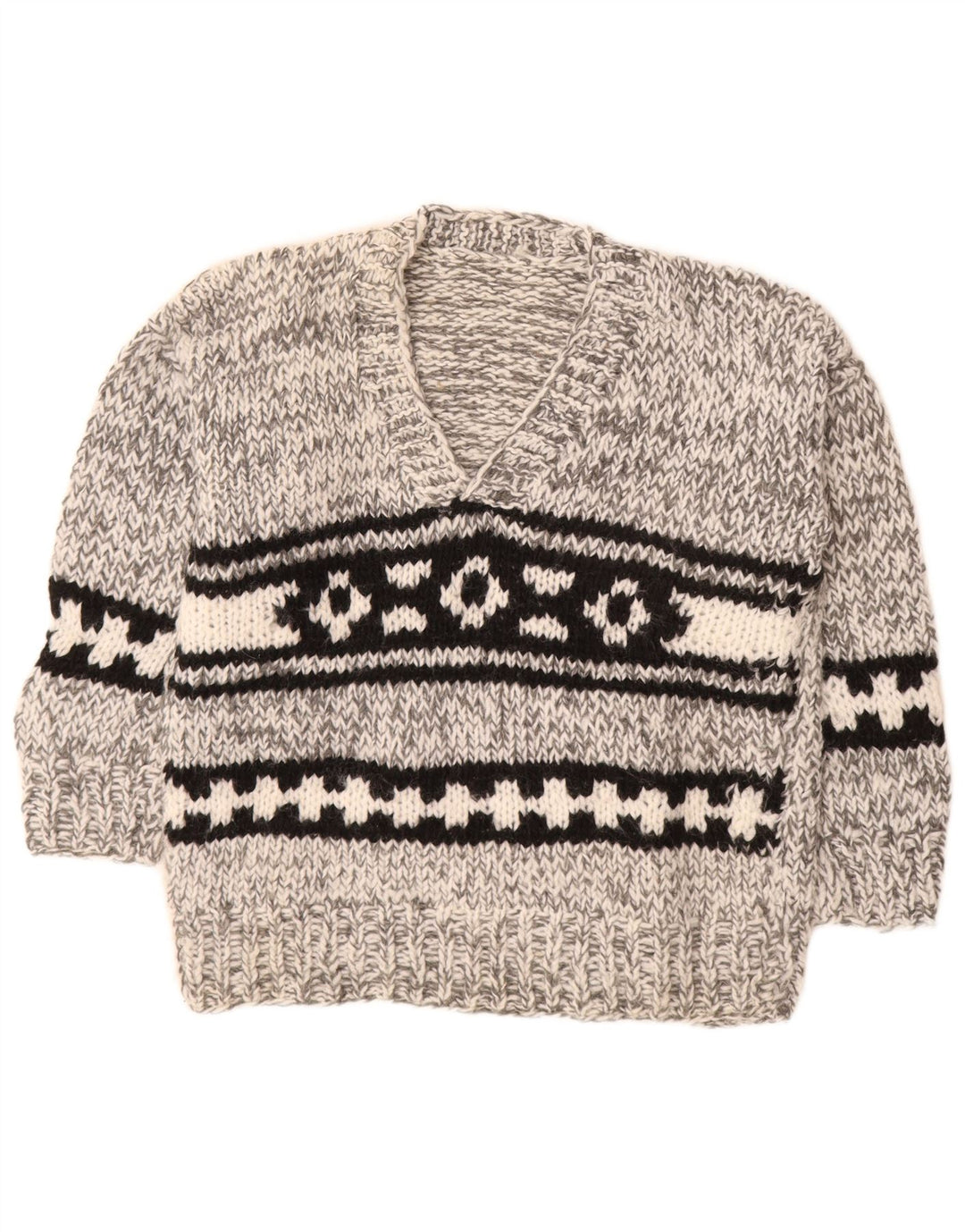 Vintage Mens V-Neck Jumper Sweater Medium Grey Fair Isle