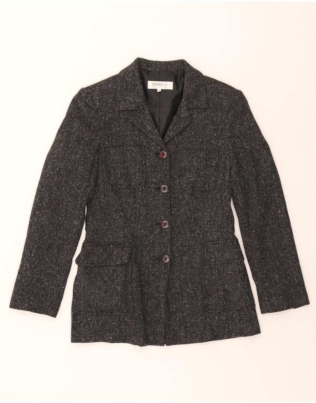 VINTAGE Womens 4 Button Blazer Jacket IT 42 Medium Grey Flecked Linen Vintage Vintage and Second-Hand Vintage from Messina Hembry 